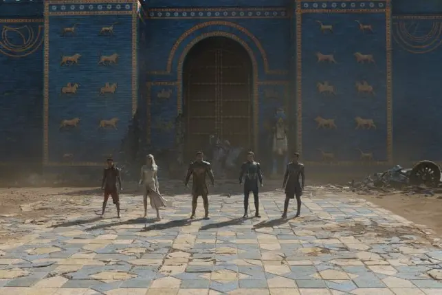 (L-R): Makkari (Lauren Ridloff), Thena (Angelina Jolie), Gilgamesh (Don Lee), Ikaris (Richard Madden) and Kingo (Kumail Nanjiani) in Marvel Studios\\' ETERNALS. Photo courtesy of Marvel Studios. \\u00A9Marvel Studios 2021. All Rights Reserved.