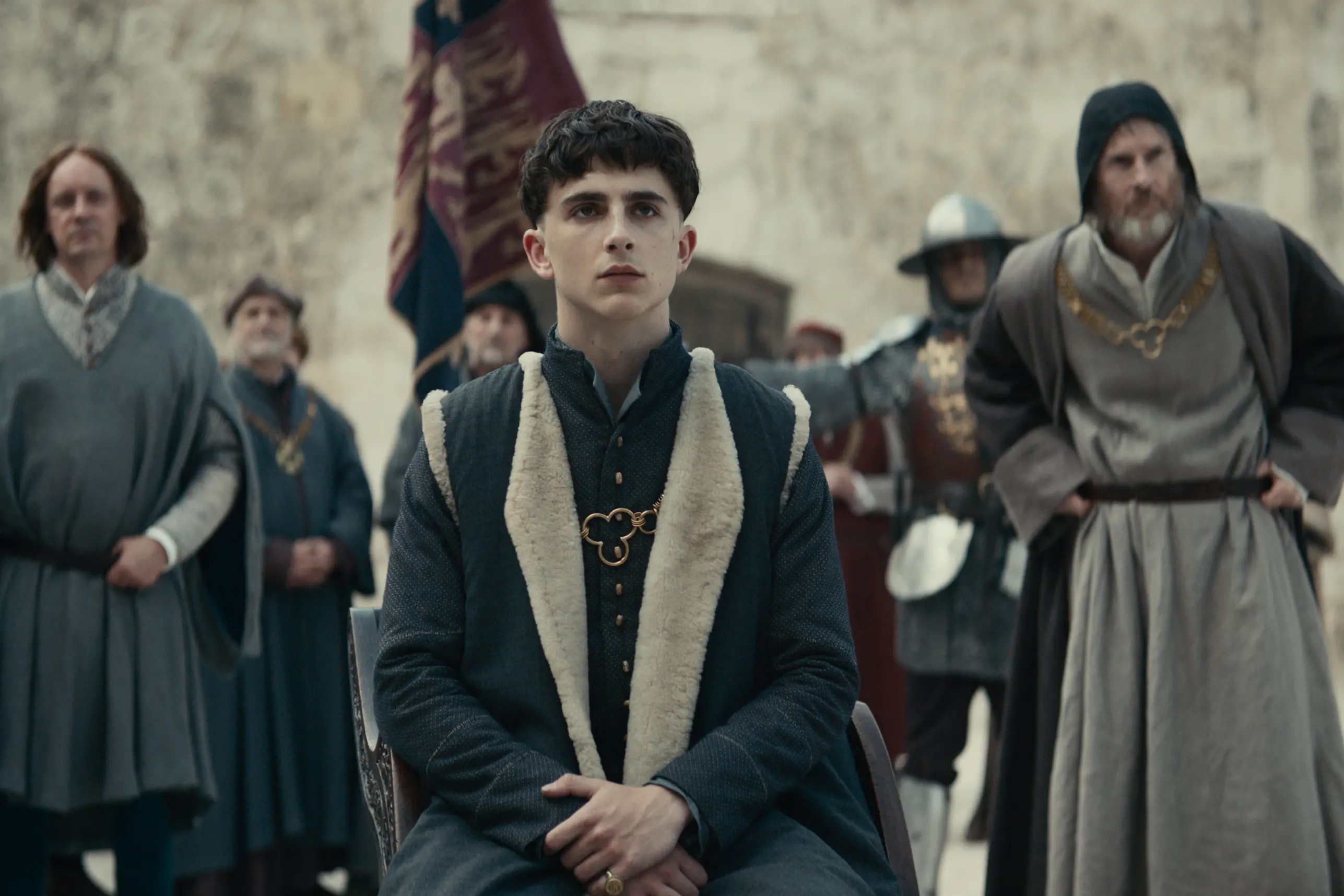 The King - Steven Elder, Timoth\\u00E9e Chalamet, Sean Harris - Photo Credit: Netflix