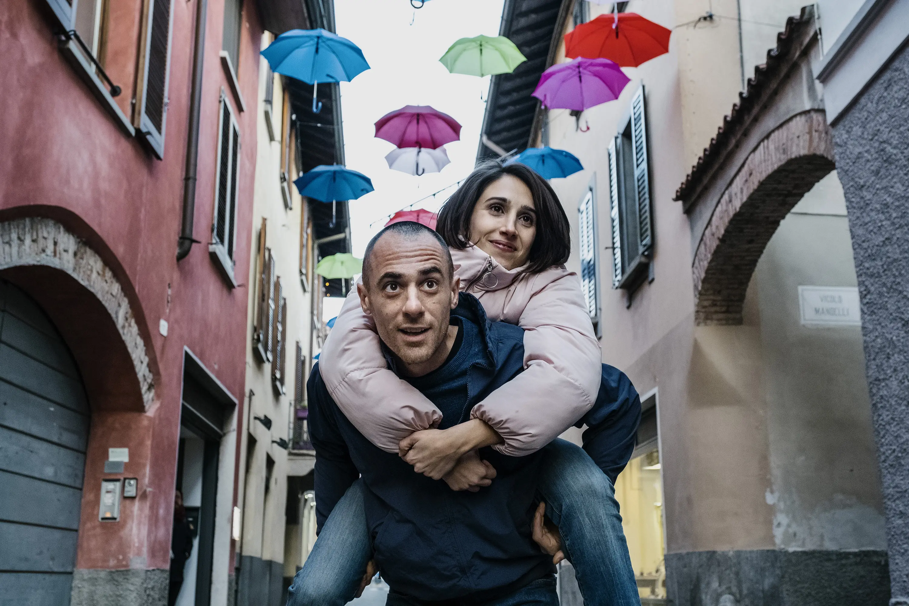 The actors Elio Germano (Oscar) and Silvia D\\'Amico (Agata) acting during a scene<br>L\\u2019uomo senza gravit\\u00E0, director Marco Bonfanti, Dop Michele D\\u2019Attanasio. Italy-Belgium 2019