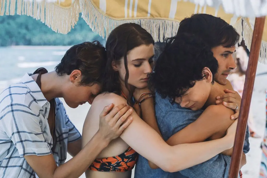 (from left) Prisca (Vicky Krieps), Maddox (Thomasin McKenzie), Guy (Gael Garc\\u00EDa Bernal) and Trent (Luca Faustino Rodriguez) in Old, written and directed by M. Night Shyamalan \\u00A9 2021 Universal Studios. All Rights Reserved.
