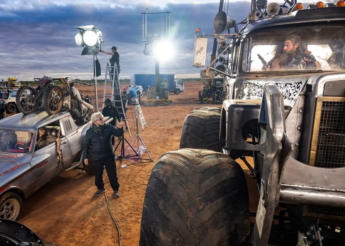 (L to r) Anya Taylor-Joy, director George Miller and Chris Hemsworth on the set of Warner Bros. Pictures’ and Village Roadshow Pictures’ action adventure “FURIOSA: A MAD MAX SAGA,” a Warner Bros. Pictures release. Photo by Jasin Boland