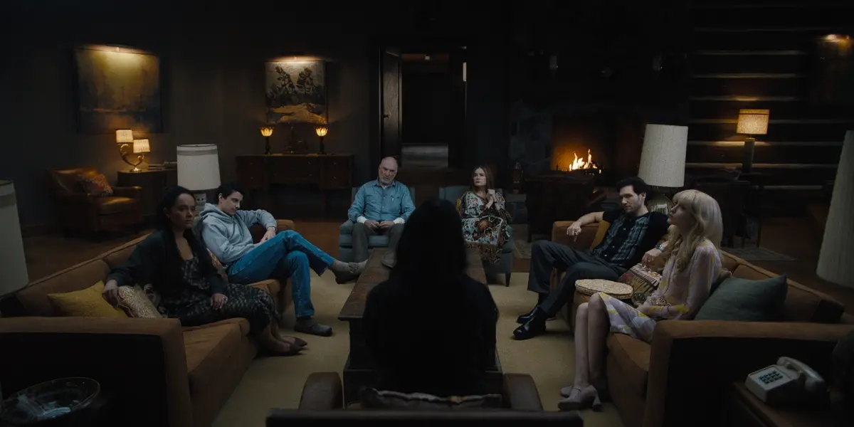 Something Very Bad Is Going To Happen. (L to R) Karla Crome as Nell, Adam DiMarco as Nicky Cunningham, Ted Levine as Boris, Camila Morrone as Rachel Harkin, Jennifer Jason Leigh as Victoria, Jeff Wilbusch as Jules, Gus Birney as Portia in episode 103 of Something Very Bad Is Going To Happen. Cr. Courtesy of Netflix © 2026
