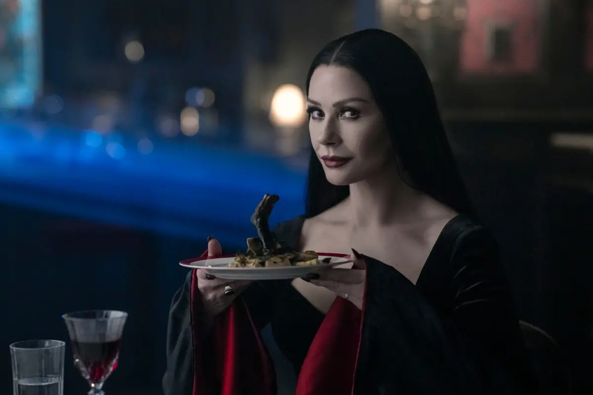 Wednesday. Catherine Zeta-Jones as Morticia Addams in episode 206 of Wednesday. Cr. Helen Sloan/Netflix © 2025