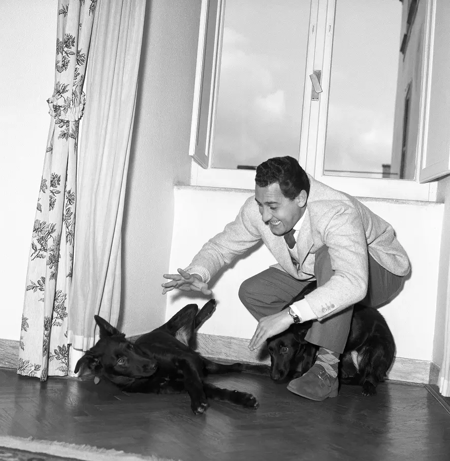 Alberto Sordi posato in casa con i suoi cani © Reporters Associati&Archivi Srl