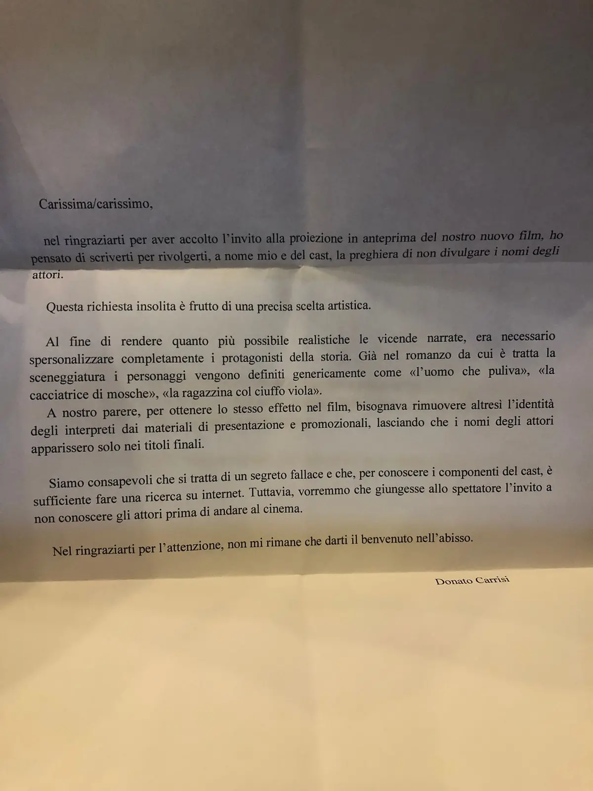 La lettera scritta da Donato Carrisi alla stampa