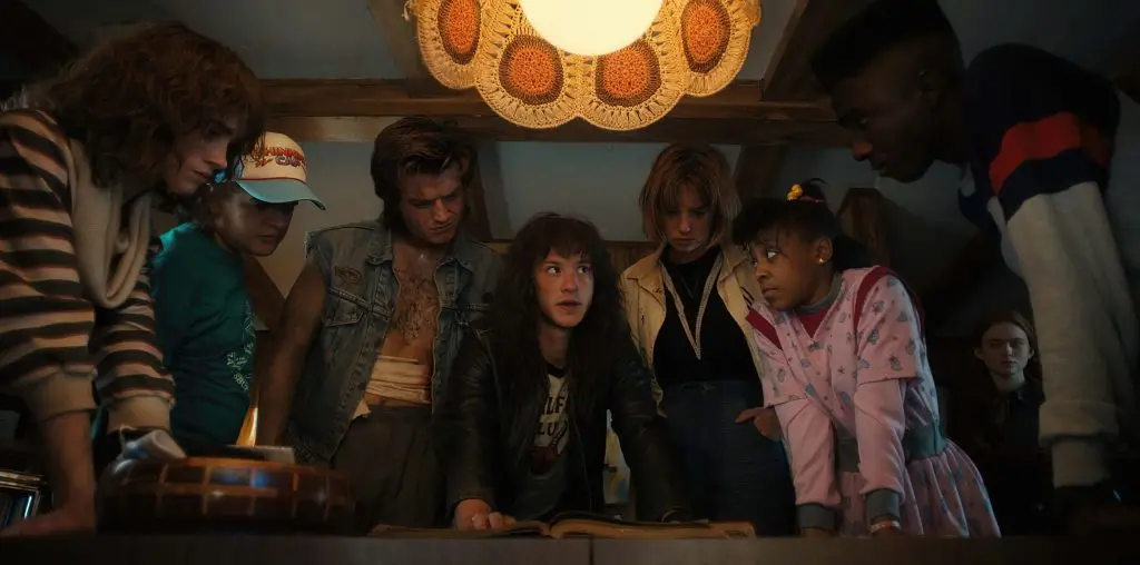 STRANGER THINGS. (L to R) Natalia Dyer as Nancy Wheeler, Gaten Matarazzo as Dustin Henderson, Joe Keery as Steve Harrington, Joseph Quinn as Eddie Munson, Maya Hawke as Robin Buckley, Priah Ferguson as Erica Sinclair, Sadie Sink as Max Mayfield, and Caleb McLaughlin as Lucas Sinclair in STRANGER THINGS. Cr. Courtesy of Netflix ©\\u00A02022