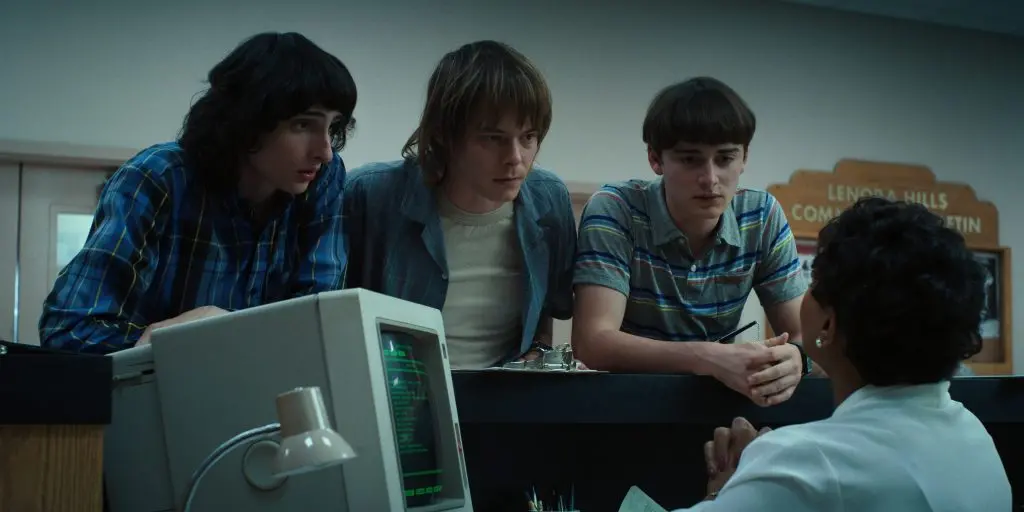 STRANGER THINGS. (L to R) Finn Wolfhard as Mike Wheeler, Charlie Heaton as Jonathan Byers and Noah Schnapp as Will Byers in STRANGER THINGS. Cr. Courtesy of Netflix © 2022