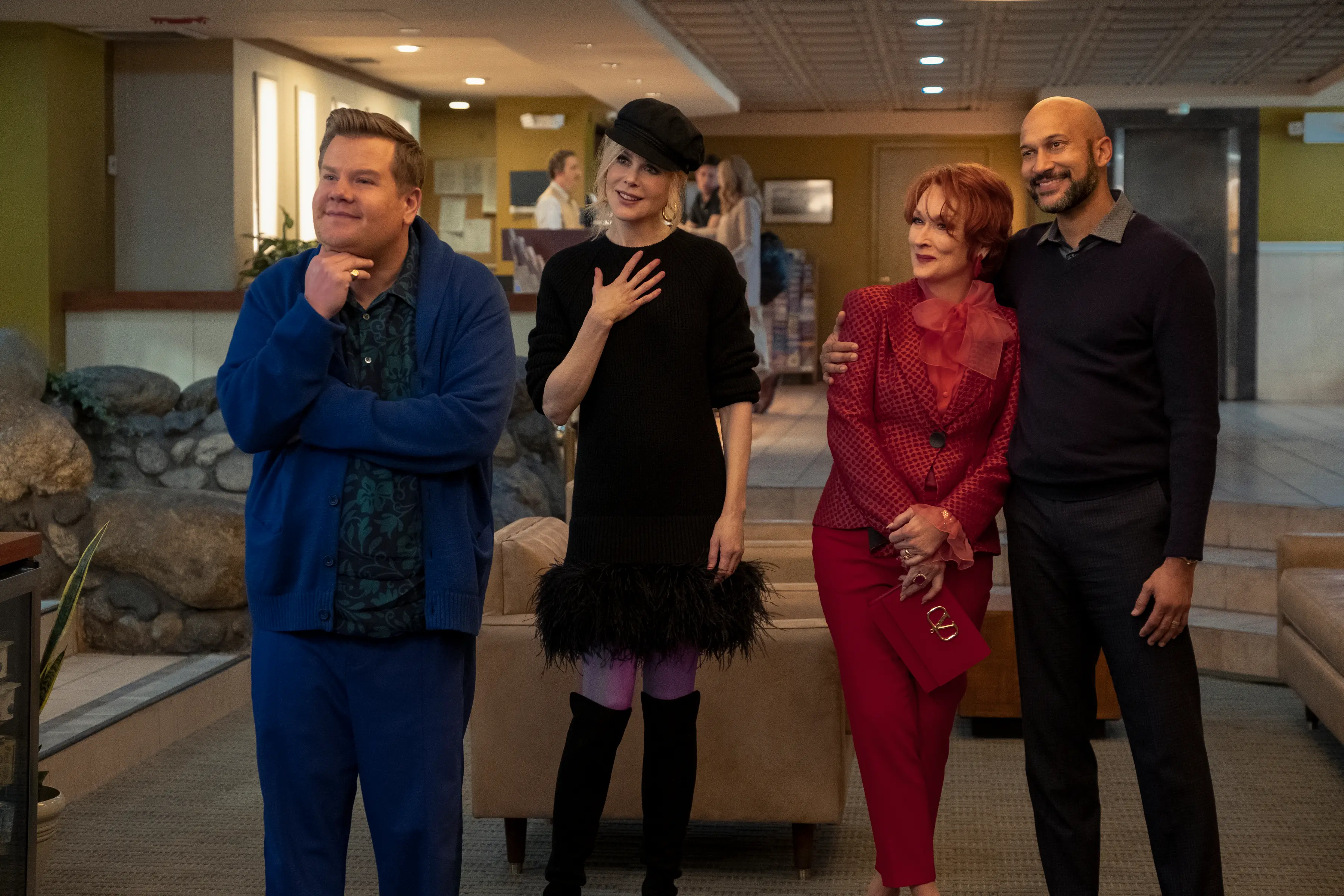 THE PROM (L to R) JAMES CORDEN as BARRY GLICKMAN, NICOLE KIDMAN as ANGIE DICKINSON, MERYL STREEP as DEE DEE ALLEN, KEEGAN-MICHAEL KEY as MR. HAWKINS in THE PROM. Cr. MELINDA SUE GORDON/NETFLIX © 2020