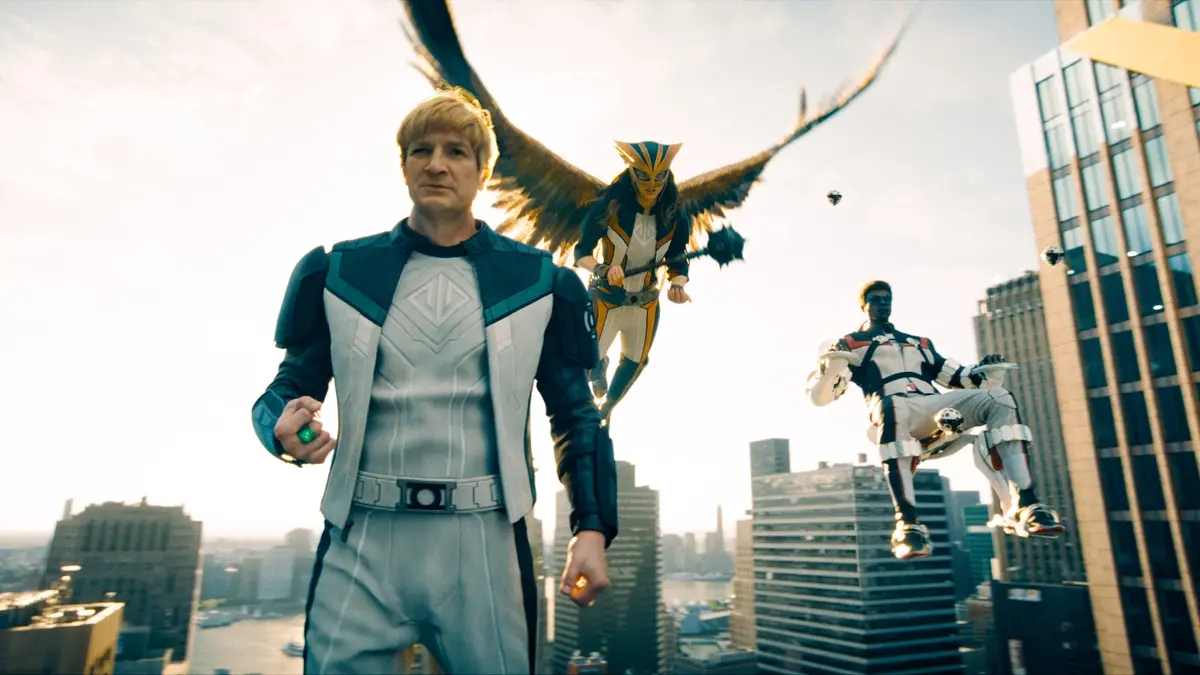 NATHAN FILLION as Guy Gardner, ISABELA MERCED as Hawkgirl and EDI GATHEGI as Mr. Terrific. Copyright: © 2025 Warner Bros. Entertainment Inc. All Rights Reserved. TM & © DC