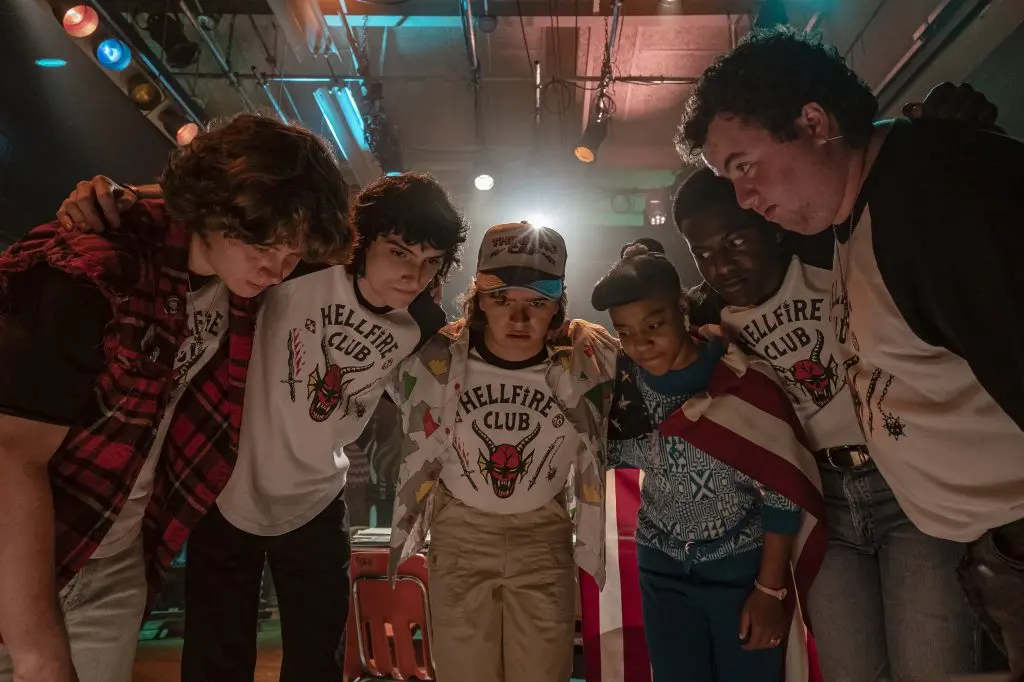 STRANGER THINGS. (L to R) Finn Wolfhard as Mike Wheeler, Gaten Matarazzo as Dustin Hendrson and Priah Ferguson as Erica Sinclair in STRANGER THINGS. Cr. Tina Rowden/Netflix \\u00A9 2022