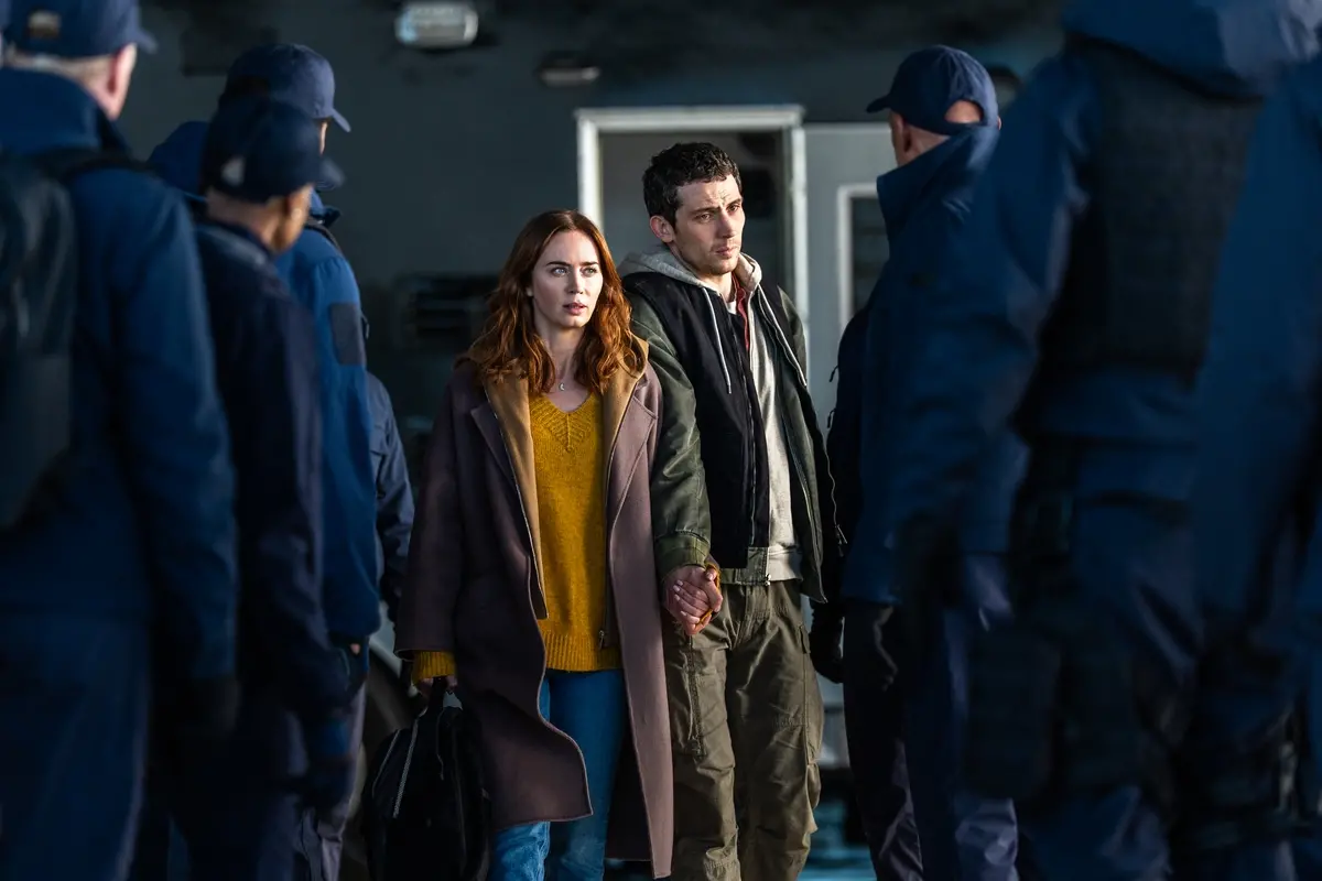 Center L to R: Emily Blunt and Josh O\\'Connor in DISCLOSURE DAY, directed by Steven Spielberg.