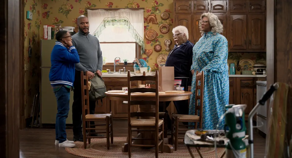 Joe’s College Road Trip. (L-R) Jermaine Harris as B.J., Tyler Perry as Brian, Tyler Perry as Joe, and Tyler Perry as Medea in Joe’s College Road Trip. Cr. Perry Well Films 2/Courtesy Netflix