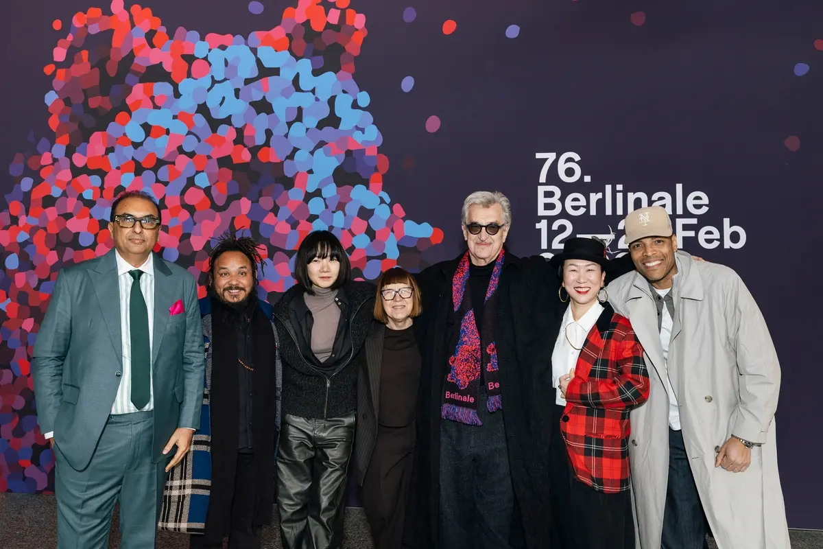 The International Jury 2026: (f.l.t.r.) Shivendra Singh Dungarpur, Min Bahadur Bham, Bae Doona, Ewa Puszczy\\u0144ska, Wim Wenders, HIKARI, Reinaldo Marcus Green , Dirk Michael Deckbar