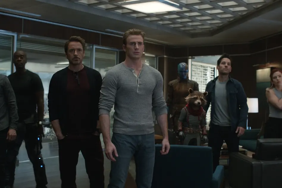 Marvel Studios\\' AVENGERS: ENDGAME..L to R: Hawkeye/Clint Barton (Jeremy Renner), War Machine/James Rhodey (Don Cheadle), Iron Man/Tony Stark (Robert Downey Jr.), Captain America/Steve Rogers (Chris Evans), Nebula (Karen Gillan), Rocket (voiced by Bradley Cooper), Ant-Man/Scott Lang (Paul Rudd) and Black Widow/Natasha Romanoff (Scarlett Johansson)..Photo: Film Frame..\\u00A9Marvel Studios 2019
