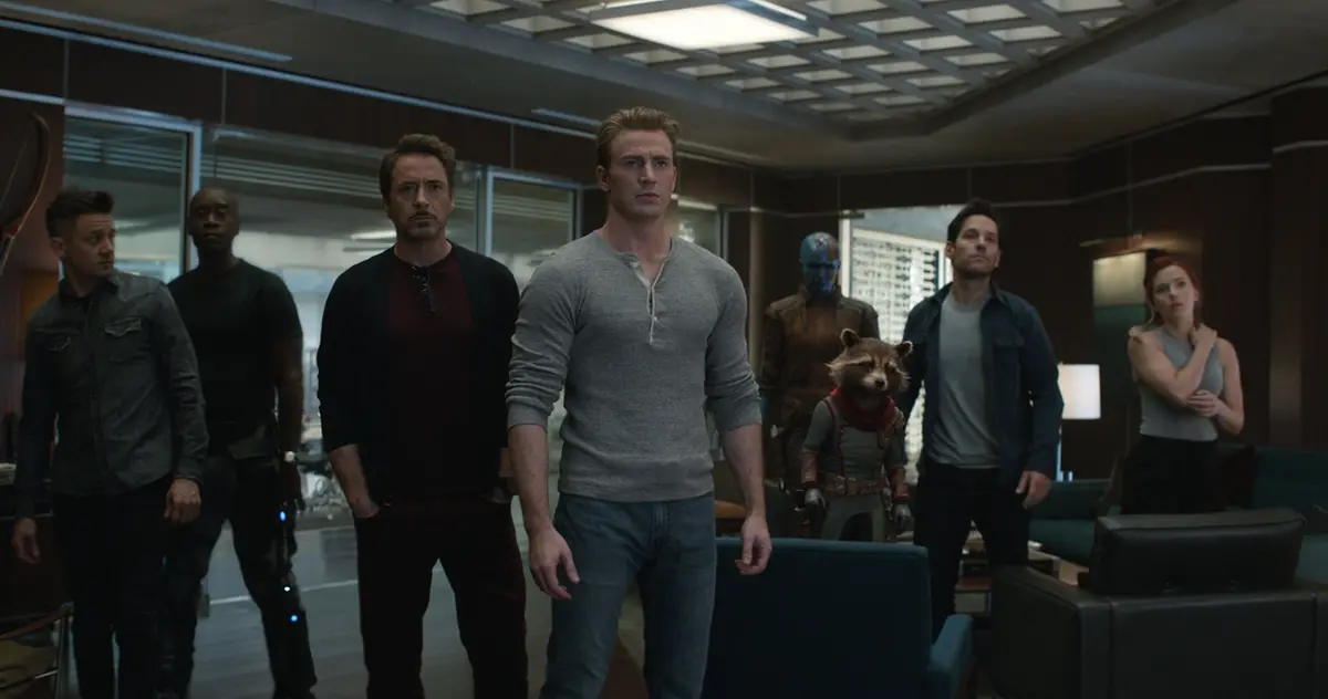Marvel Studios' AVENGERS: ENDGAME..L to R: Hawkeye/Clint Barton (Jeremy Renner), War Machine/James Rhodey (Don Cheadle), Iron Man/Tony Stark (Robert Downey Jr.), Captain America/Steve Rogers (Chris Evans), Nebula (Karen Gillan), Rocket (voiced by Bradley Cooper), Ant-Man/Scott Lang (Paul Rudd) and Black Widow/Natasha Romanoff (Scarlett Johansson)..Photo: Film Frame..©Marvel Studios 2019