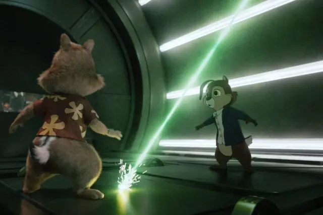 (L-R): Dale (voiced by Andy Samberg) and Chip (voiced by John Mulaney) in Disney's live-action CHIP 'N DALE: RESCUE RANGERS, exclusively on Disney+. Photo courtesy of Disney Enterprises, Inc. © 2022 Disney Enterprises, Inc. All Rights Reserved.