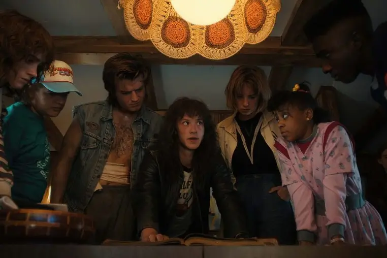 STRANGER THINGS. (L to R) Natalia Dyer as Nancy Wheeler, Gaten Matarazzo as Dustin Henderson, Joe Keery as Steve Harrington, Joseph Quinn as Eddie Munson, Maya Hawke as Robin Buckley, Priah Ferguson as Erica Sinclair, Sadie Sink as Max Mayfield, and Caleb McLaughlin as Lucas Sinclair in STRANGER THINGS. Cr. Courtesy of Netflix ©\\u00A02022